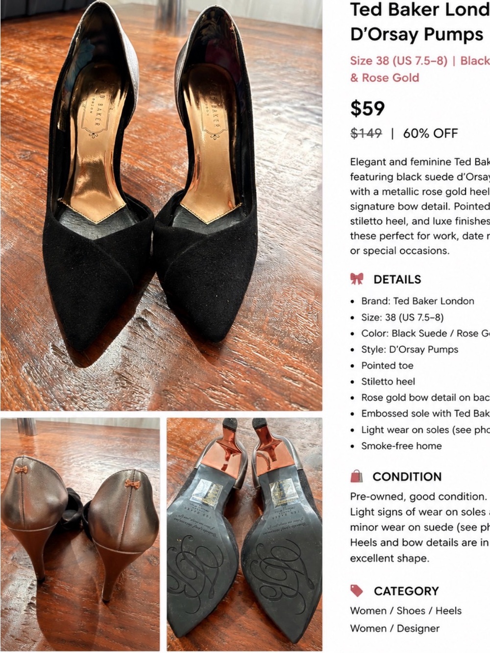 Ted Baker Black Pointed-Toe Suede Heels Rose Gold Heels